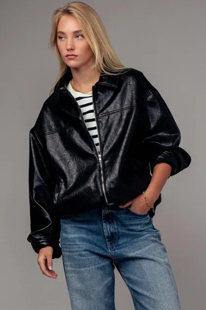 Oversized Faux Leather Zip Jacket — black outerwear & jackets from Pieces of a Dream