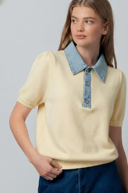 Denim Collar Knit Polo Top (2 Color Ways) — blue tops & blouses from Pieces of a Dream