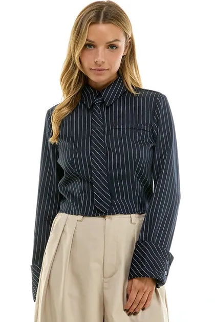 Pinstripe Cropped Button-Up Shirt & Tie — blue tops & blouses from Pieces of a Dream
