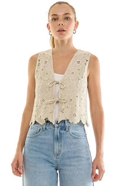 Crochet Tie-Front Top — khaki outerwear & jackets from Pieces of a Dream