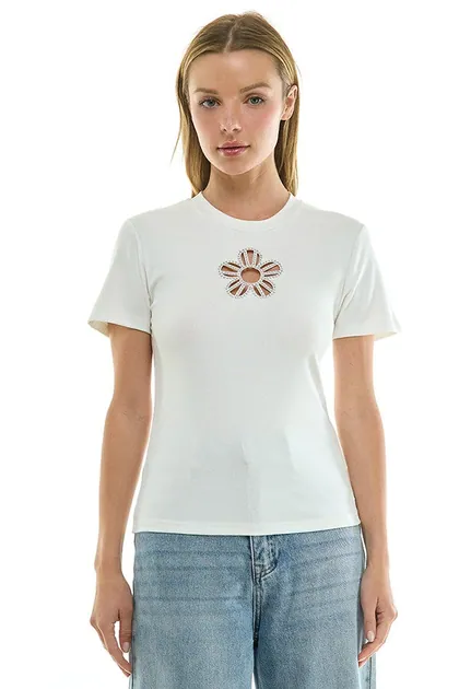 Rhinestone Flower Cutout Fitted Tee — white tops & blouses from Pieces of a Dream