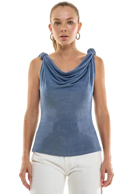 Draped Cowl Neck Sleeveless Top — blue tops & blouses from Pieces of a Dream