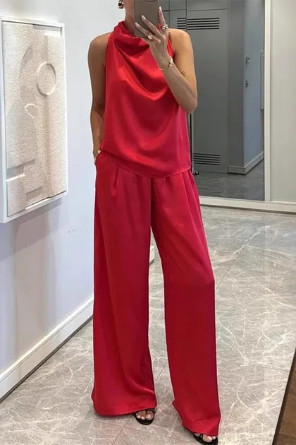 Luxe Satin Draped Two-Piece Set (2 Color Ways) — ivory pants & trousers from Pieces of a Dream