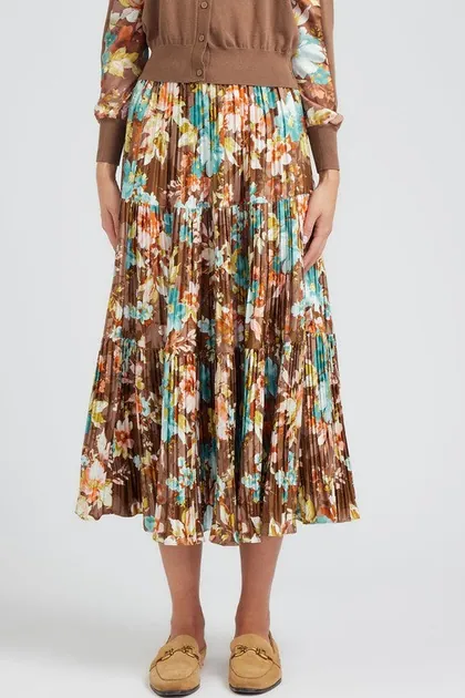 Pleated 3-Tiered Long Skirt in Brown Floral Print — brown skirts from Pieces of a Dream
