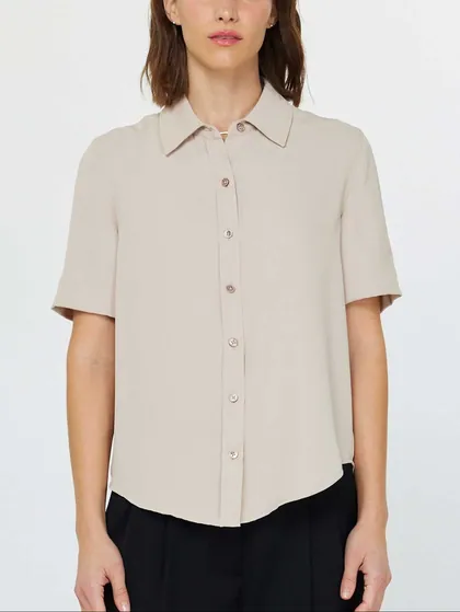 Light Taupe Short Sleeve Button-Down Shirt — cream tops & blouses from Pieces of a Dream