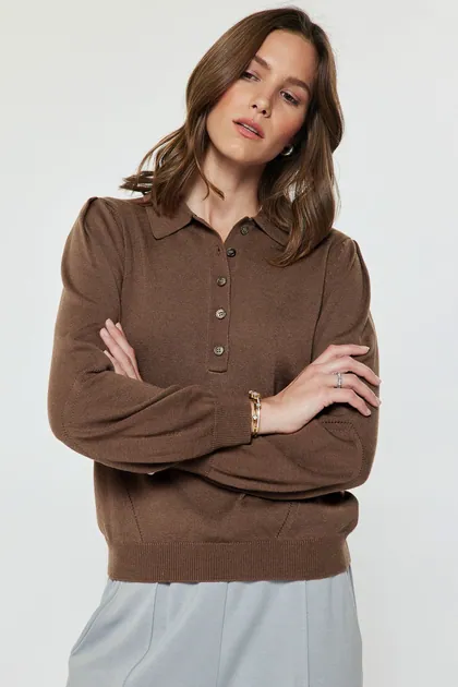 Camille Chocolate Polo Sweater — brown tops & blouses from Pieces of a Dream