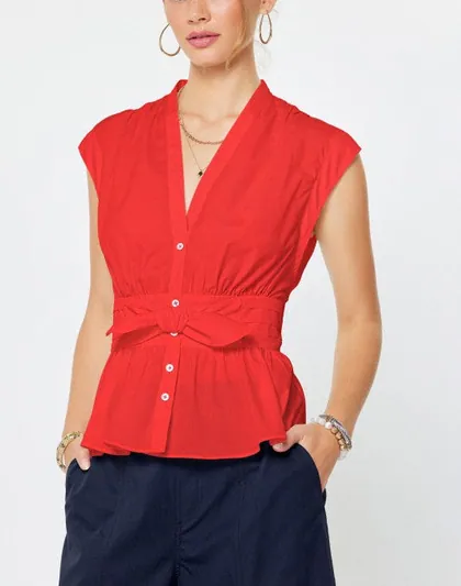 Red Tie-Waist Peplum Blouse — red tops & blouses from Pieces of a Dream