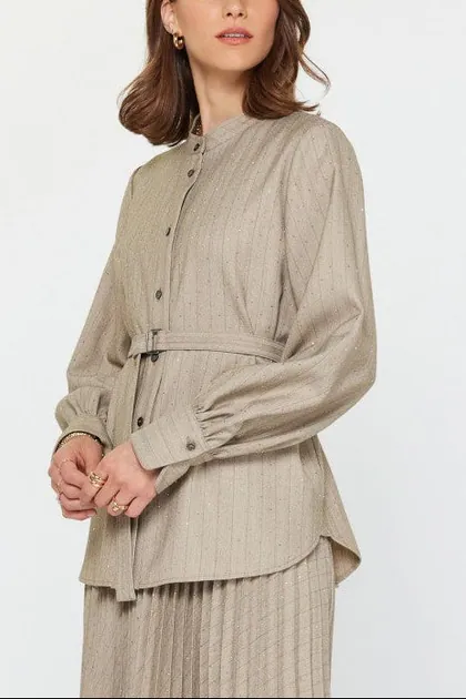 Pinstriped Rhinestone Belted Top — khaki tops & blouses from Pieces of a Dream