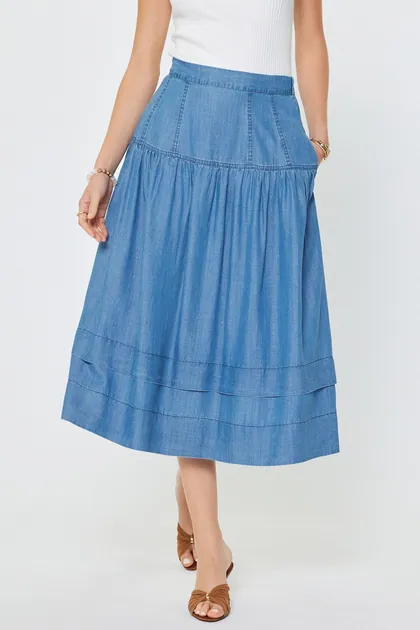 Chambray Tiered Midi Skirt — denim skirts from Pieces of a Dream