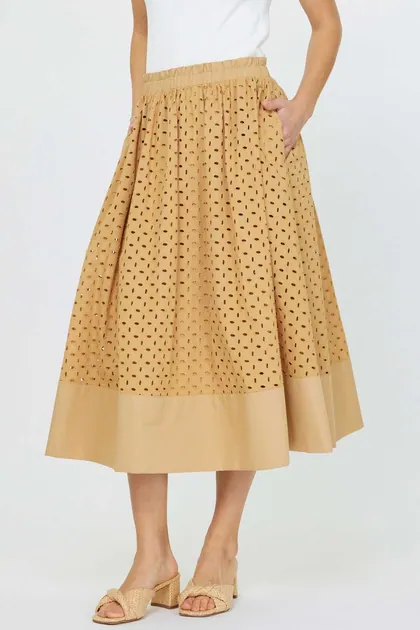 Butterscotch Eyelet Midi Skirt — khaki skirts from Pieces of a Dream