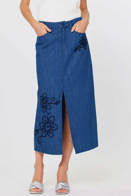 Embroidered Denim Midi Skirt — blue skirts from Pieces of a Dream
