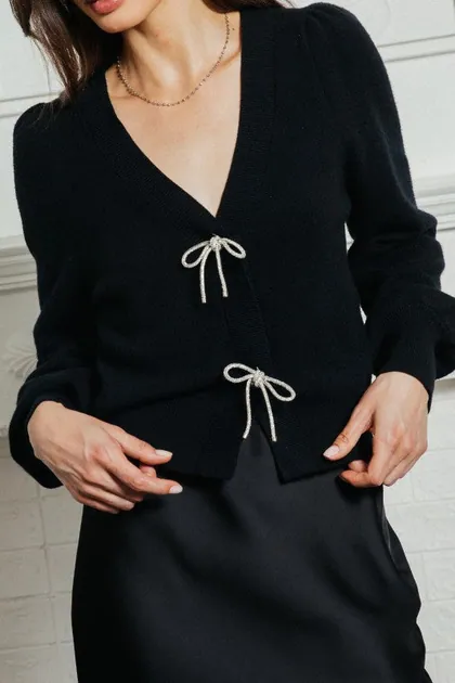 Ribbon Detail Soft Knit Cardigan — black sweaters & knits from Pieces of a Dream