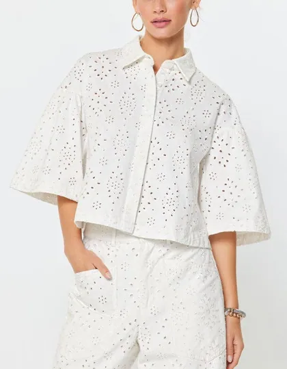 Eyelet Embroidered Cotton Shirt (2 Color Ways) — black tops & blouses from Pieces of a Dream