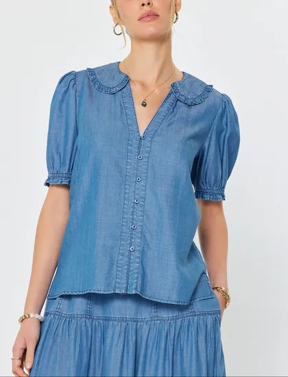 Chambray Ruffled Collar Blouse — denim tops & blouses from Pieces of a Dream