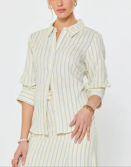 Striped 3/4 Sleeve Button-Down Blouse — blue tops & blouses from Pieces of a Dream