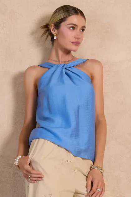 Sky Blue Twist-Neck Halter Top — tops & blouses from Pieces of a Dream