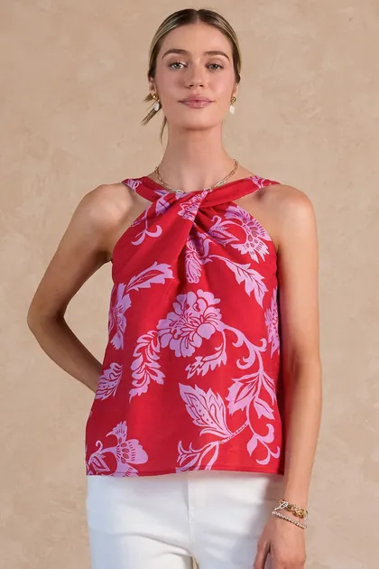 Floral Twist-Neck Halter Top — pink tops & blouses from Pieces of a Dream