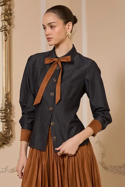 Sienna Suede-Trim Denim Shirt — denim tops & blouses from Pieces of a Dream