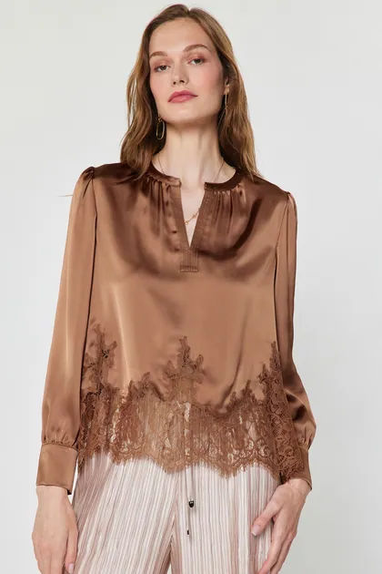 Mocha Lace Satin Blouse — brown tops & blouses from Pieces of a Dream