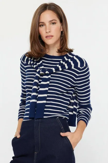 Striped Long Sleeve Sweater W/faux Cardigan — blue tops & blouses from Pieces of a Dream
