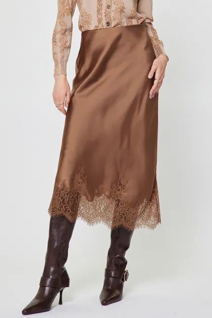 Mocha Lace Satin Midi Skirt — brown skirts from Pieces of a Dream