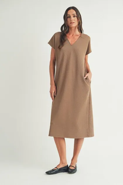 V-Neck Relaxed Midi Dress — khaki dresses from Pieces of a Dream