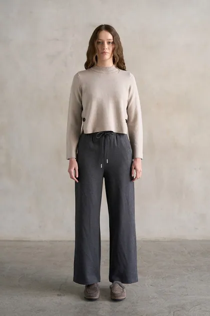 Charcoal Wide-Leg Knit Pants — black pants & trousers from Pieces of a Dream