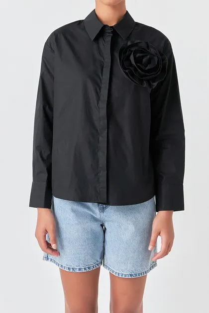 Flower Brooch Shirt — black tops & blouses from Pieces of a Dream