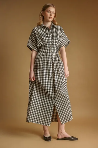 Gingham Pattern Button Down Shirt Dress — black dresses from Pieces of a Dream