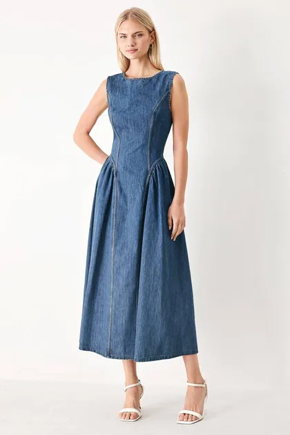 Sculpted Denim Midi Dress — denim dresses from Pieces of a Dream