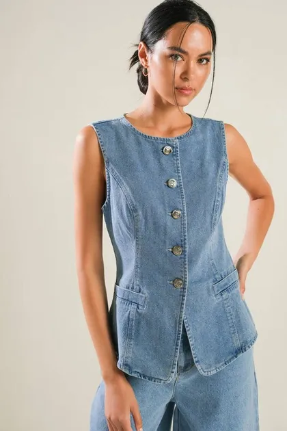 Washed Blue Denim Vest — denim tops & blouses from Pieces of a Dream