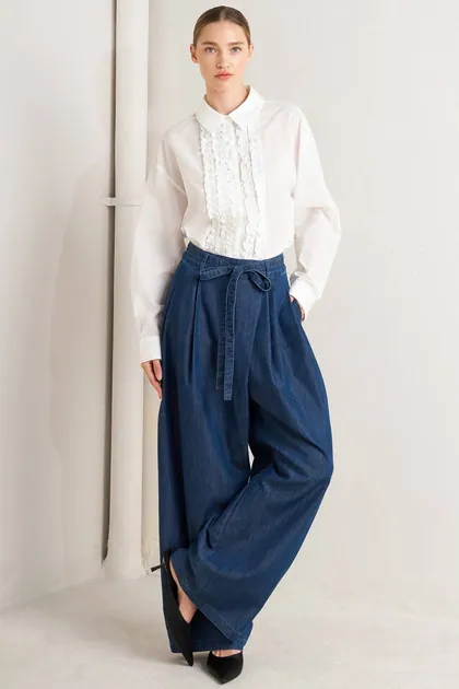 Crossover Waist Washed Denim Pants — denim jeans & denim from Pieces of a Dream