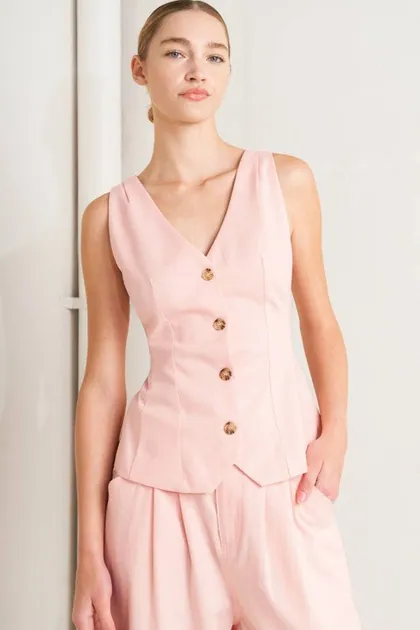 Light Pink Tailored Button-Front Vest — pink tops & blouses from Pieces of a Dream