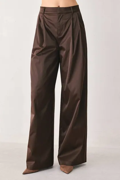 Espresso Satin Wide-Leg Trousers — brown pants & trousers from Pieces of a Dream