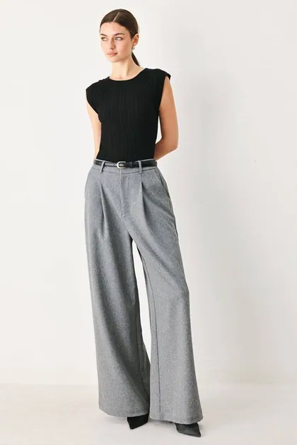 Solid Woven Wide-Leg Trousers — grey pants & trousers from Pieces of a Dream