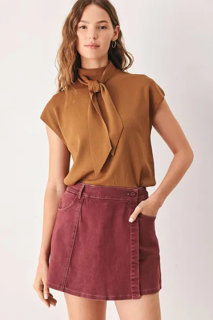 Wrap Denim Skort — burgundy shorts from Pieces of a Dream