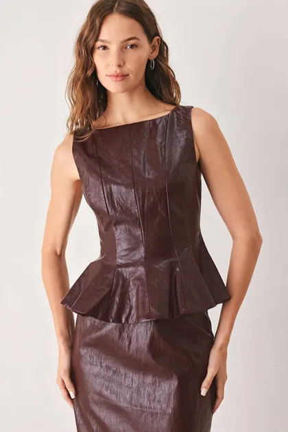 Sienna Faux Leather Peplum Top (2 Color Ways) — black tops & blouses from Pieces of a Dream