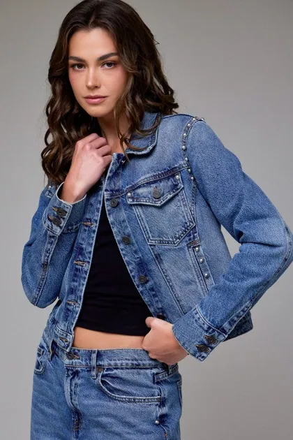 Silver-Studded Cropped Denim Jacket — denim outerwear & jackets from Pieces of a Dream