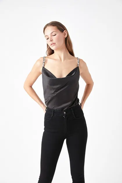 Beaded Satin Cowl Neck Top — black tops & blouses from Pieces of a Dream