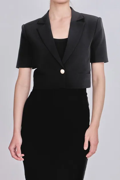 Cropped Short Sleeve Blazer (Black, White) — black outerwear & jackets from Pieces of a Dream