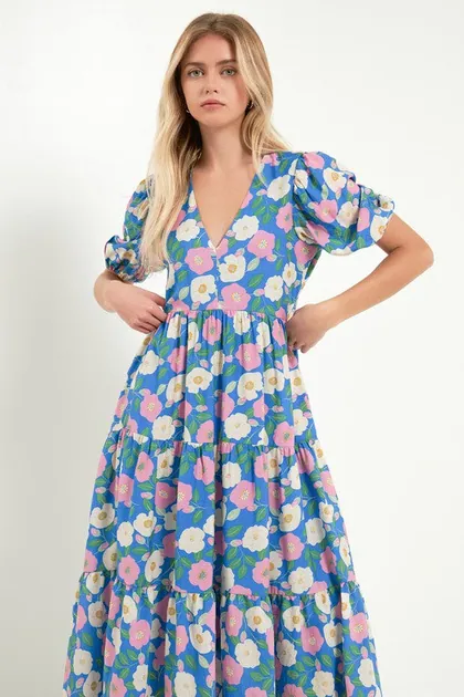 Floral Puff Sleeve Midi Dress — blue dresses from Pieces of a Dream