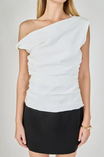 Draped One Shoulder Accent Top — white tops & blouses from Pieces of a Dream