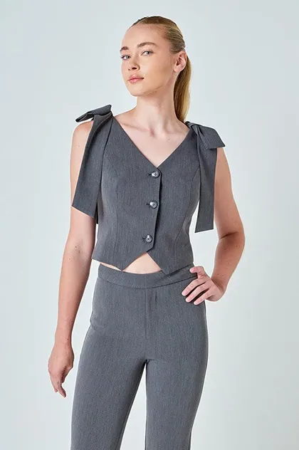 Juliet Bow Shoulder Vest — gray tops & blouses from Pieces of a Dream