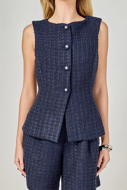 Tweed Buttoned Sleeveless Vest — blue tops & blouses from Pieces of a Dream