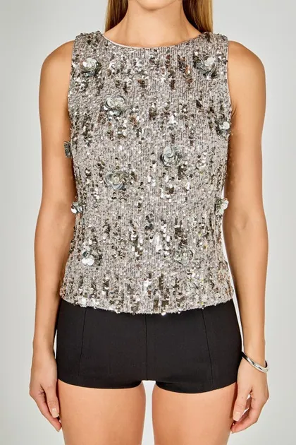 Floral Appliqué Sequin Top — silver tops & blouses from Pieces of a Dream