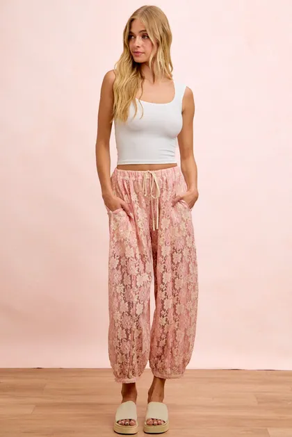 Blush Bloom Lace Pants — pink pants & trousers from Pieces of a Dream