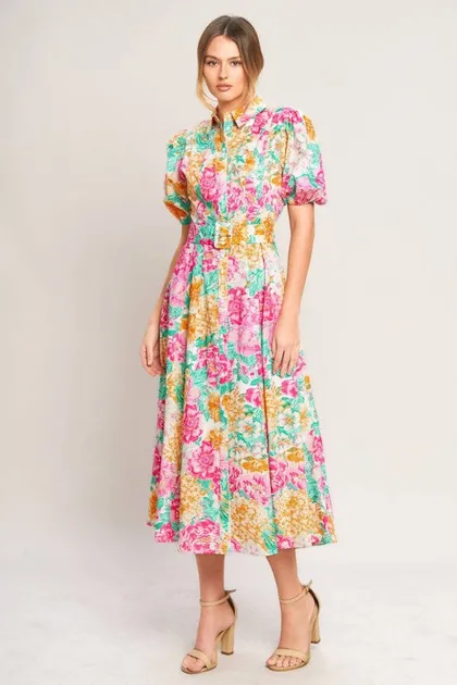 Floral Print Midi Dress — pink dresses from Pieces of a Dream