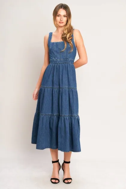 Denim Tiered Midi Dress — denim dresses from Pieces of a Dream