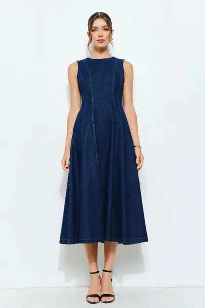 Beaded Neckline Denim Midi Dress — denim dresses from Pieces of a Dream
