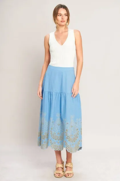 Blue Eyelet Midi Skirt — blue skirts from Pieces of a Dream